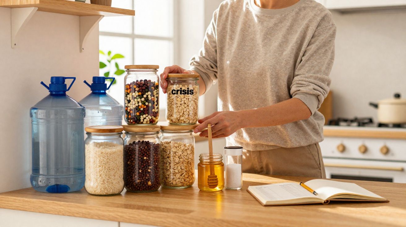 Pessoa organizando potes de mantimentos em cozinha, com jarra de mel e caderno aberto na bancada.