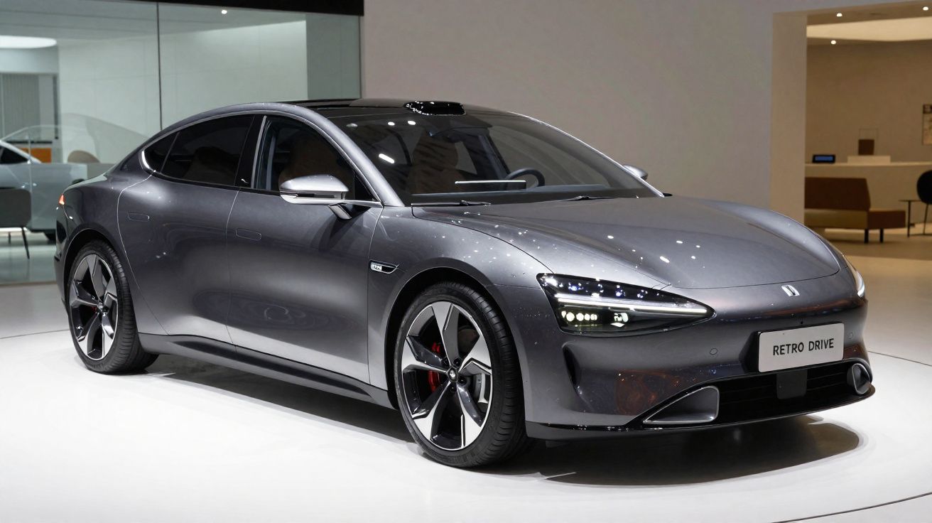 Carro esportivo cinza metálico estacionado em ambiente interno com iluminação refletida na lataria.