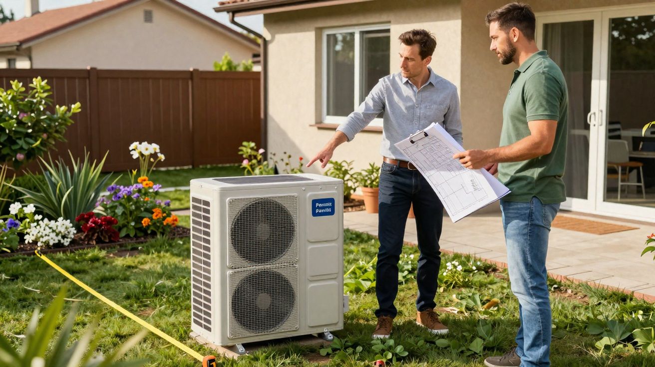 Dois homens analisam equipamento de ar-condicionado externo em jardim residencial.