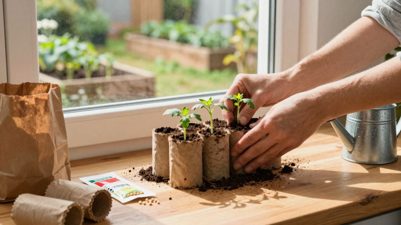 Mãos cuidando de mudas em papelão com terra sobre mesa próxima à janela com jardim ao fundo.