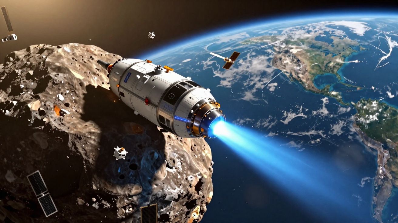 Nave espacial com propulsão azul sobrevoando um asteroide próximo da Terra vista do espaço.