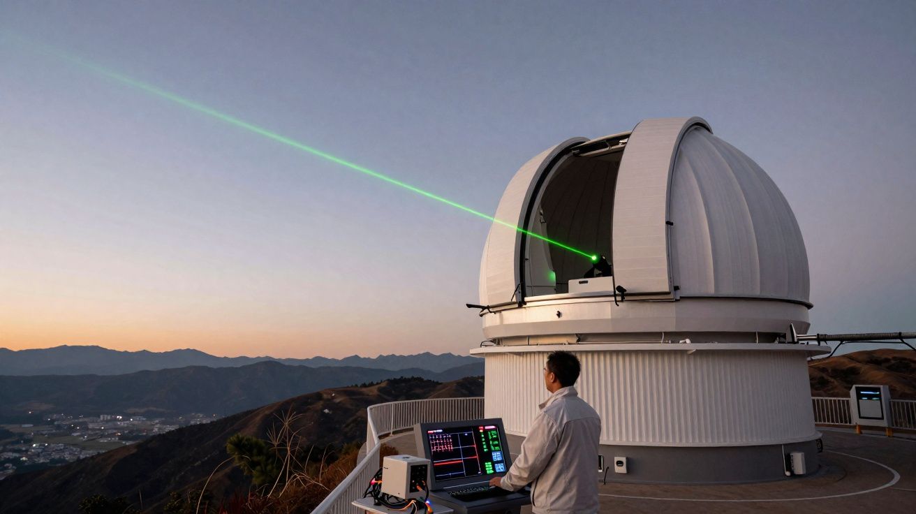 Observatório astronômico com telescópio emitindo laser verde e pessoa operando equipamentos ao pôr do sol.
