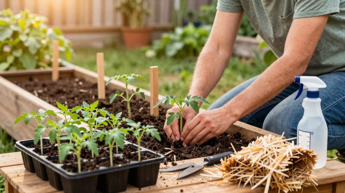Pessoa plantando mudas de tomate em canteiro elevado em jardim com ferramentas e regador ao lado.