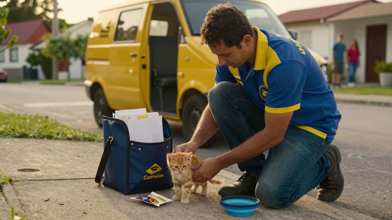 Carteiro agachado acariciando gato laranja próximo a bolsa de correspondência e carro dos Correios amarelo.