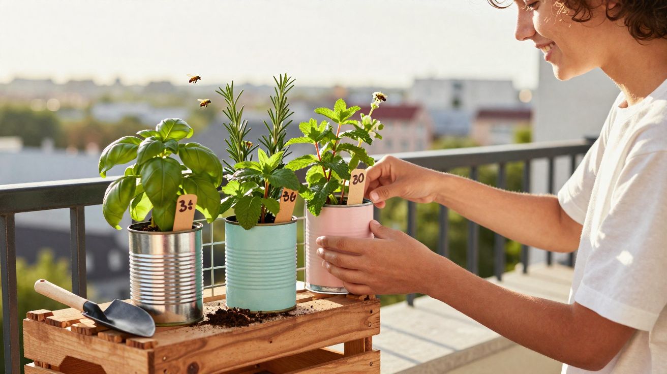 Mulher cuidando de plantas em potes reaproveitados em varanda ensolarada com abelhas voando.