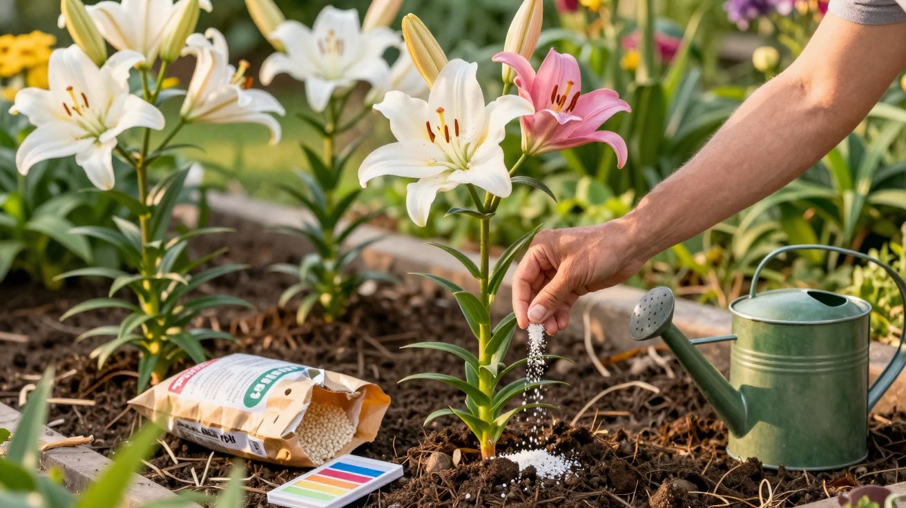 Pessoa fertilizando lírios brancos e rosa em canteiro com regador verde e saco de adubo ao lado.
