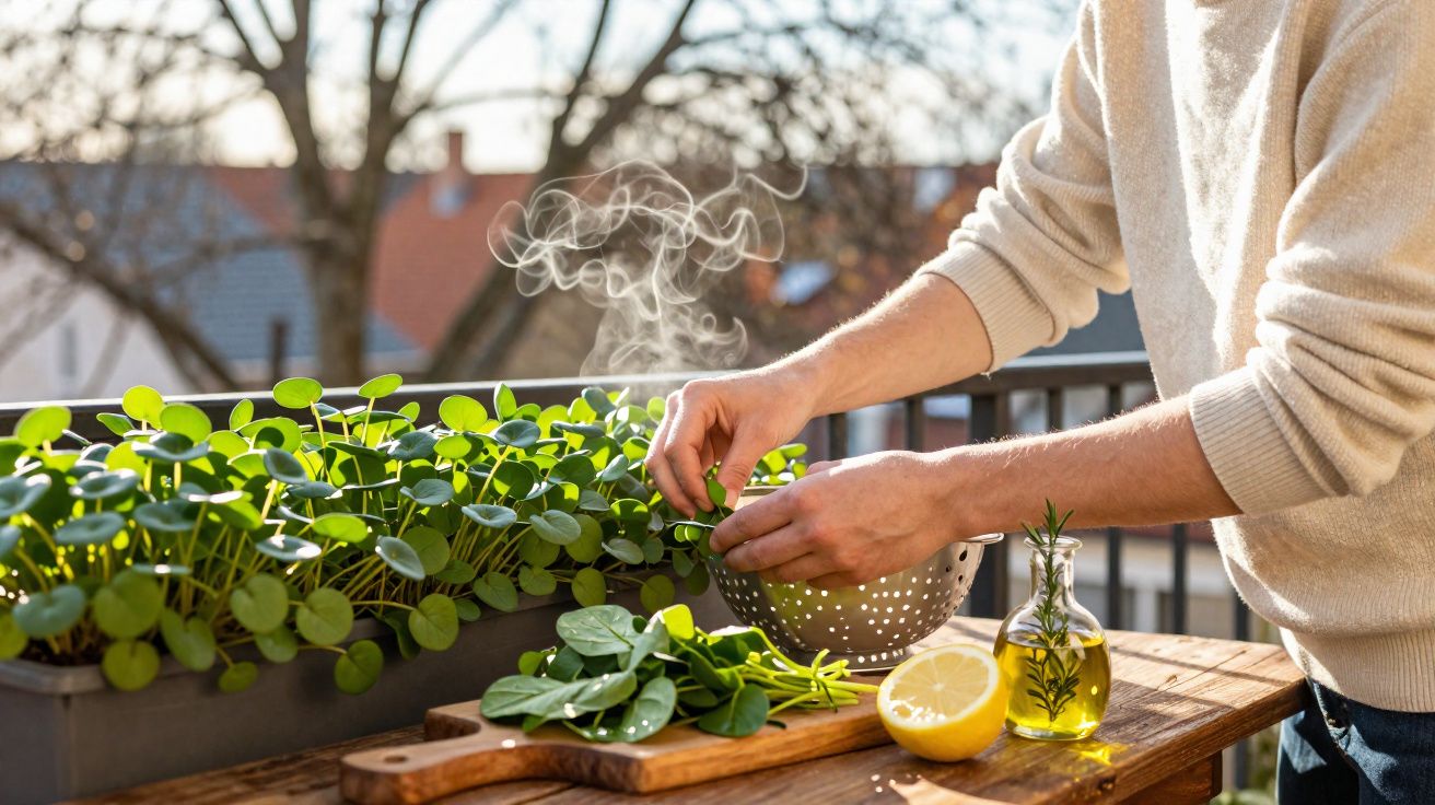 Pessoa colhendo folhas verdes em vaso na varanda, com limão, azeite e fumaça ao fundo.