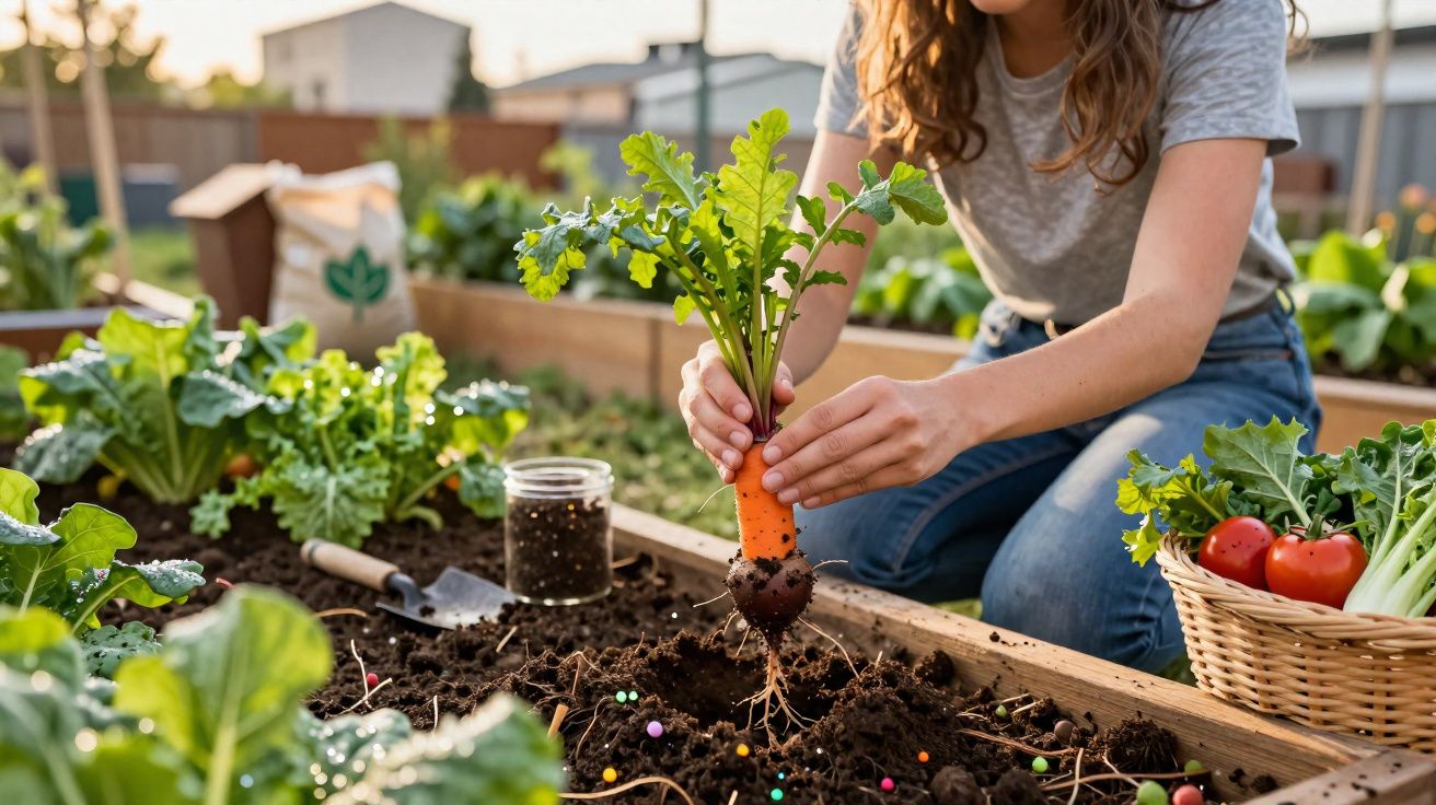 Pessoa colhendo cenoura em canteiro de horta com cesta de vegetais frescos ao lado.