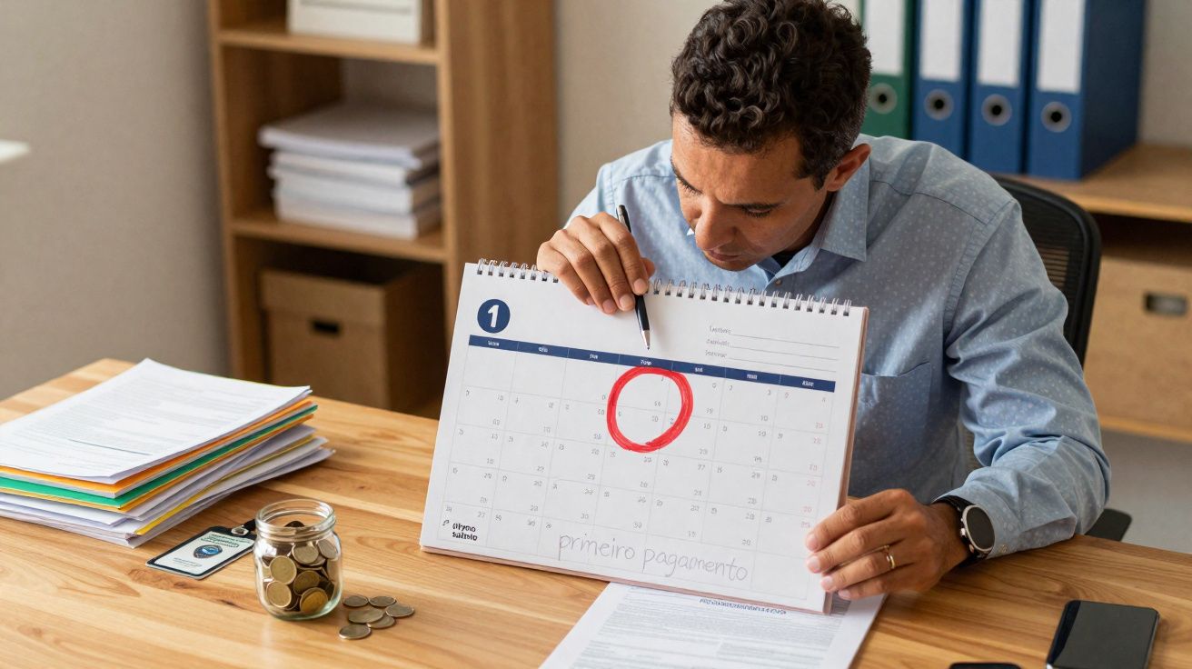 Homem sentado em escritório mostrando calendário com data marcada em vermelho para pagamento.