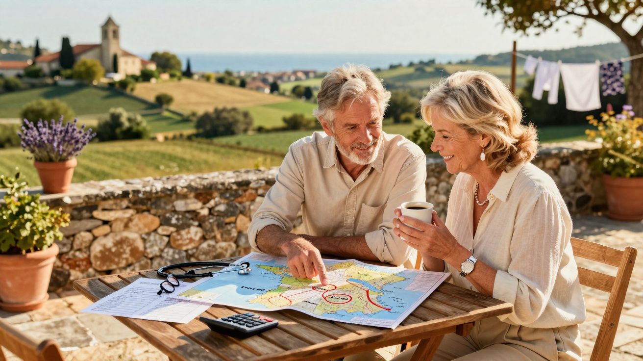 Casal maduro analisando mapa em mesa ao ar livre com cenário rural ao fundo.