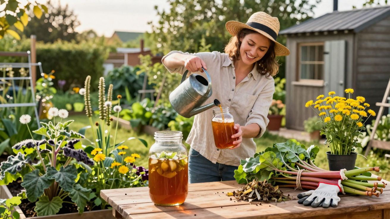 Mulher com chapéu rega chá frio em jarra, ao ar livre, em mesa com plantas e flores coloridas ao fundo.