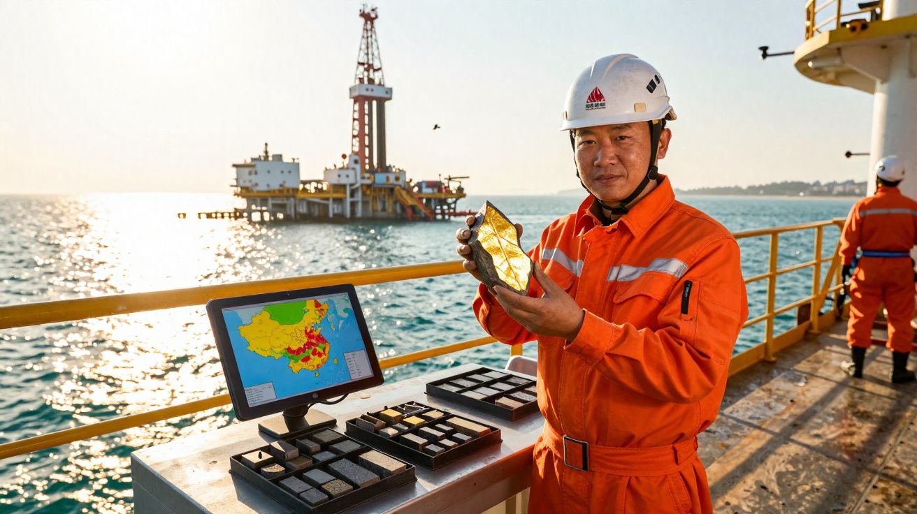 Homem de capacete e macacão laranja segurando amostra de rocha em plataforma marítima com sonda ao fundo.