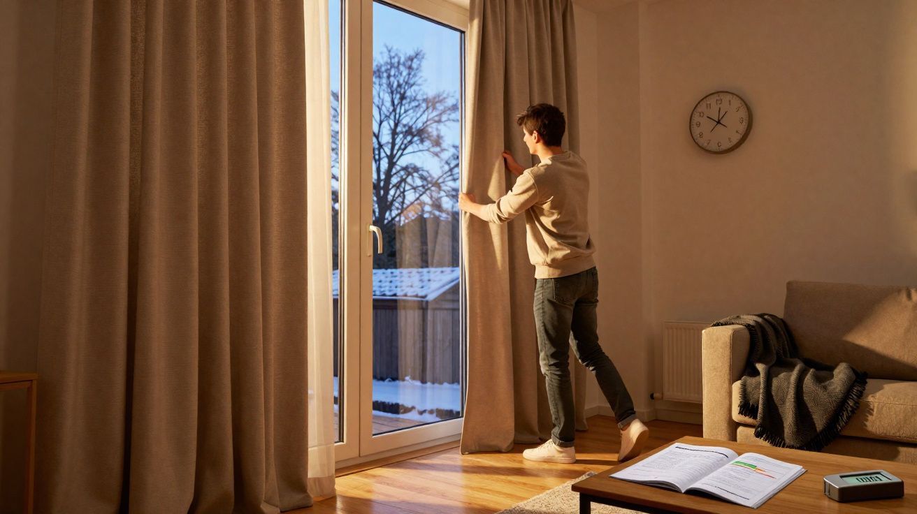 Pessoa abrindo cortina em sala iluminada, com relógio na parede, sofá e mesa com livro aberto.