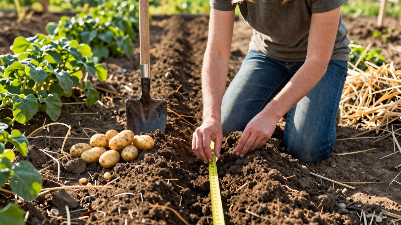 Pessoa medindo espaço no solo para plantar batatas em horta ensolarada com ferramentas e raízes visíveis.