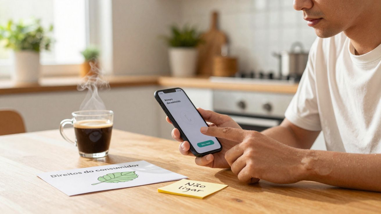 Pessoa usando celular em mesa com café fumegante, folha sobre direitos do consumidor e aviso "Não ligar".