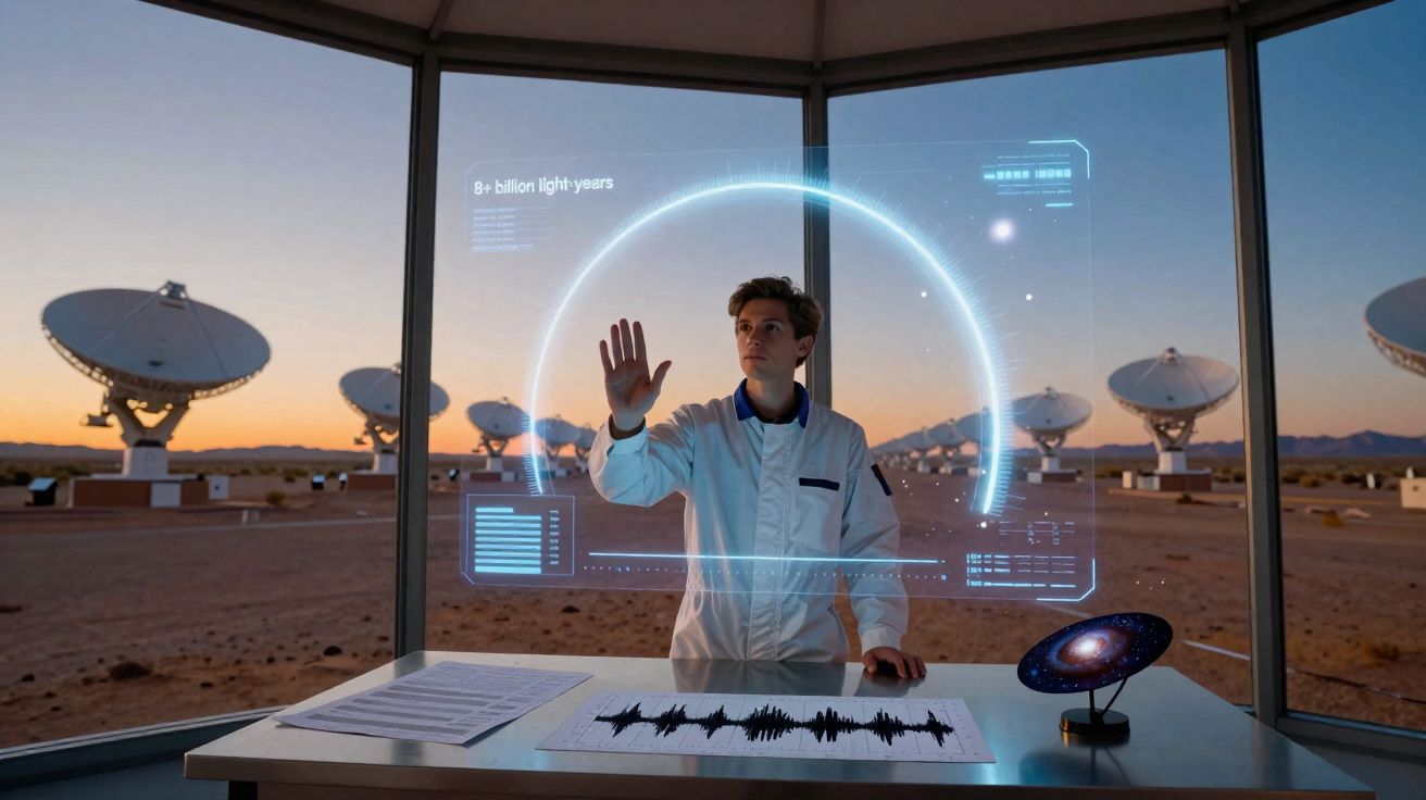 Homem em jaleco branco interage com holograma espacial dentro de observatório com antenas parabólicas ao fundo.