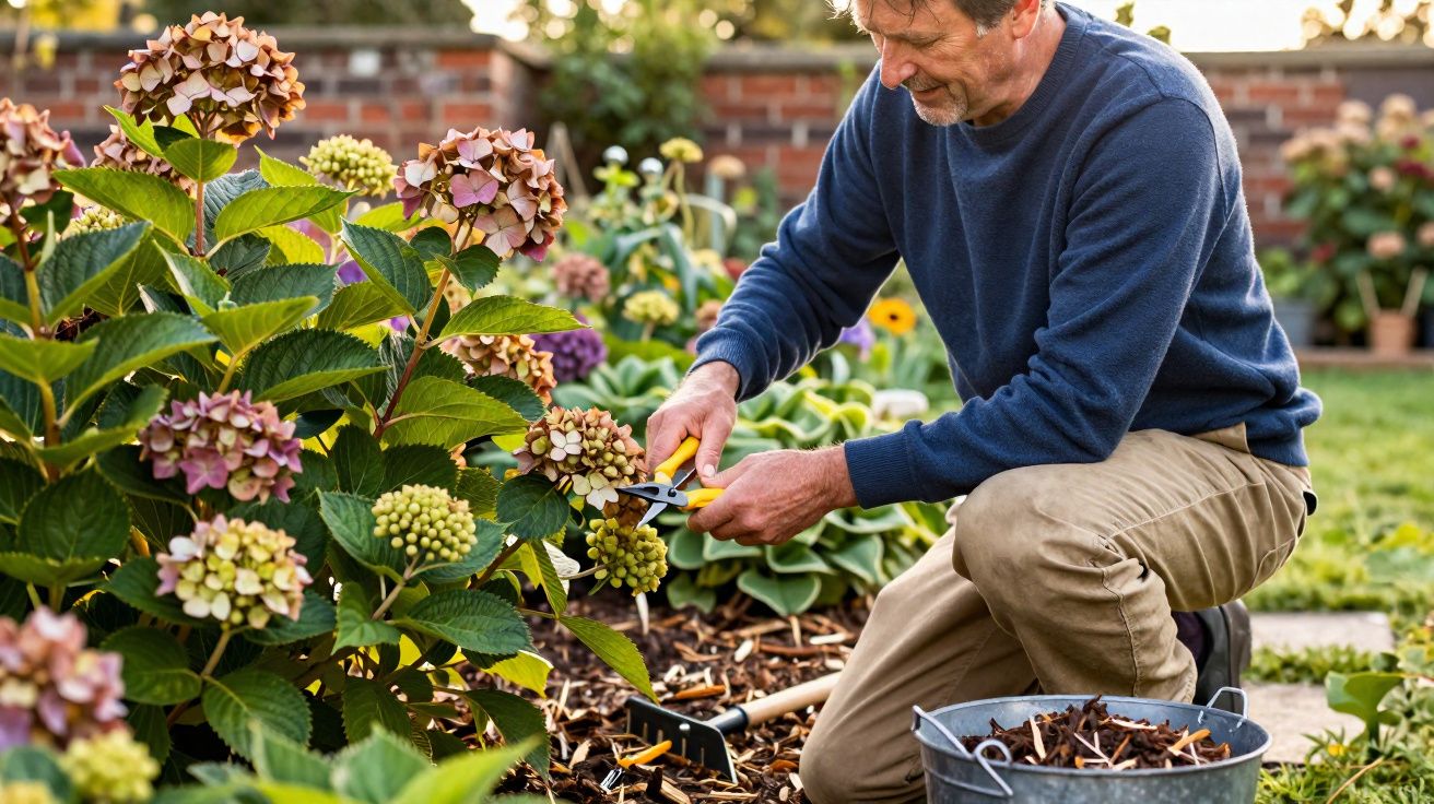 Homem cuidando de hortênsias com tesoura de poda em jardim ensolarado, com regador e balde.