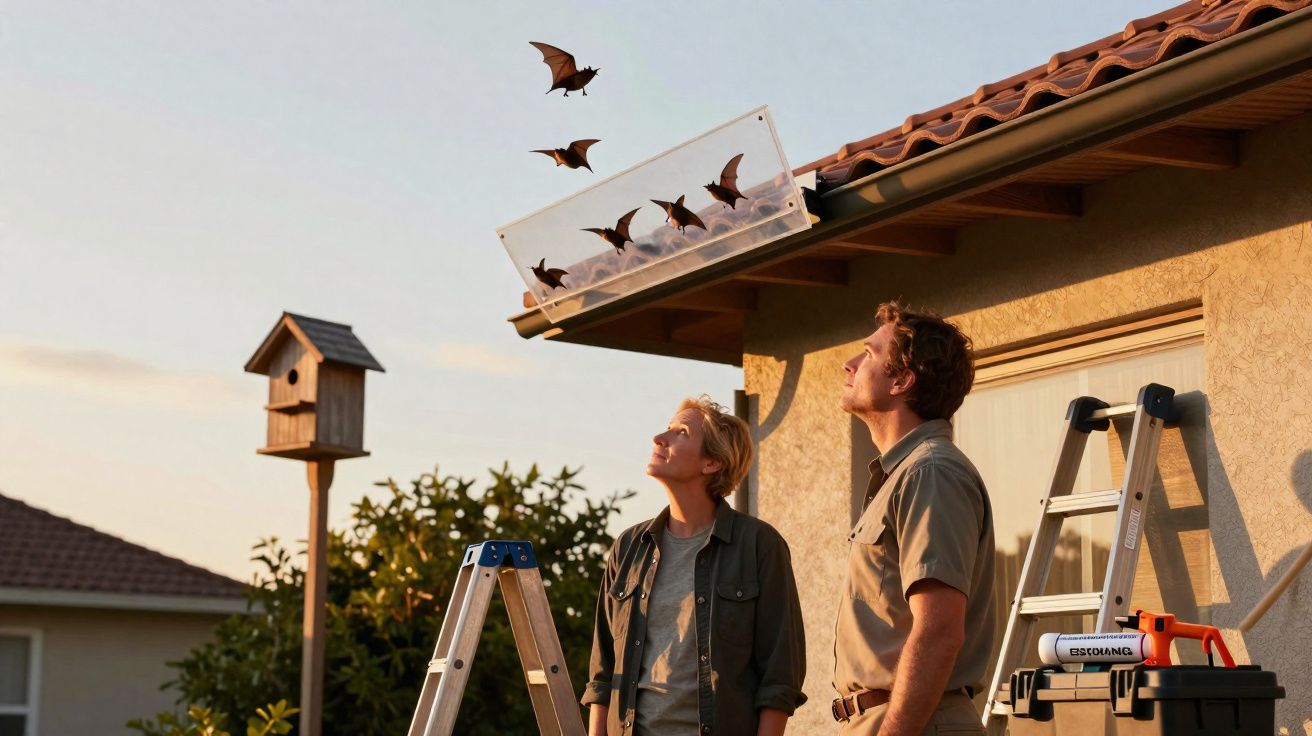Casal observa morcegos saindo de caixa coletora no telhado ao pôr do sol em área residencial.