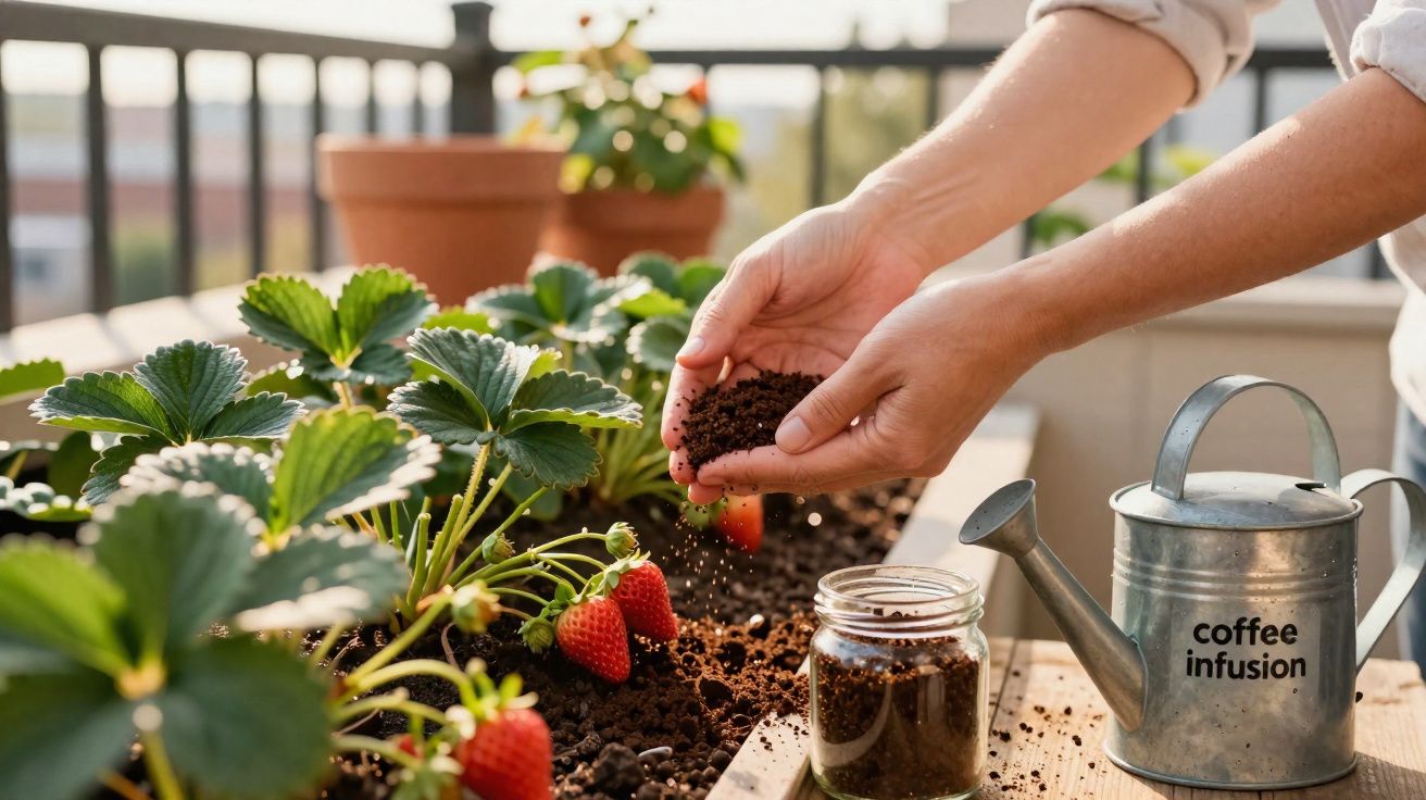 Pessoa adicionando borra de café ao solo de plantas de morango em vaso na varanda.