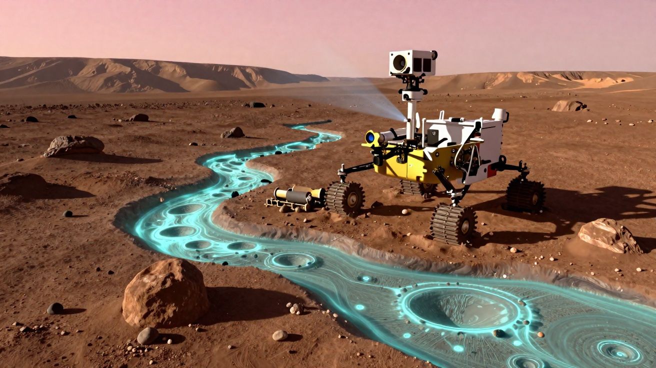 Rover exploratório em solo marciano próximo a um rio holográfico azul brilhante serpenteando pelo terreno árido.