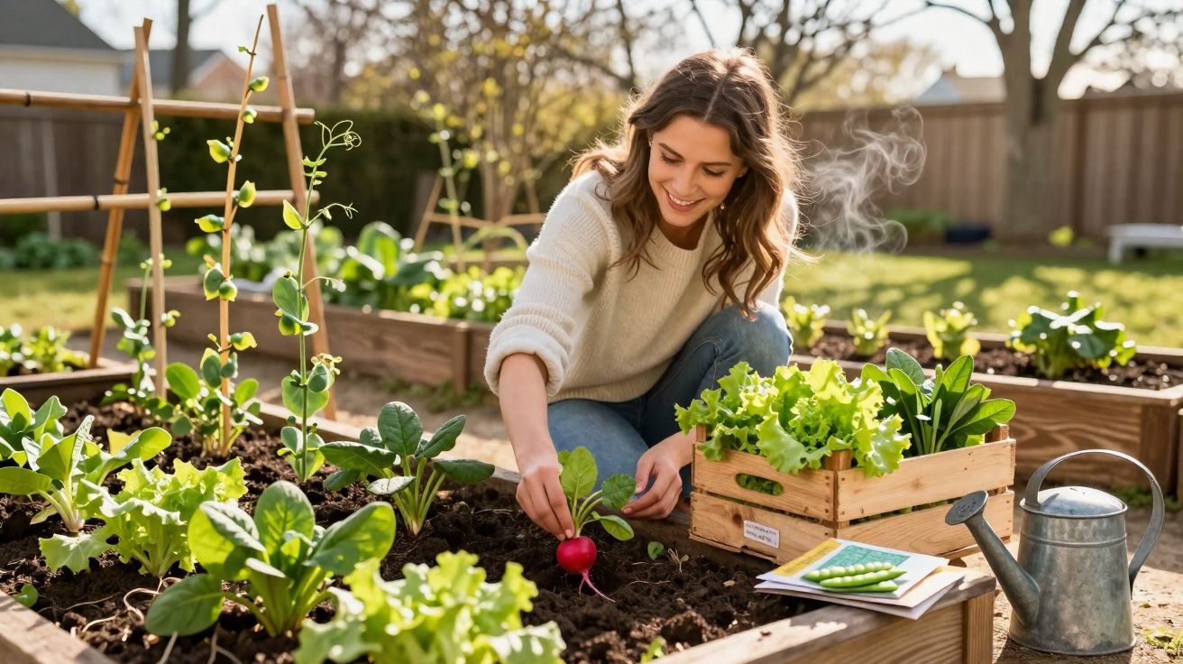 Mulher sorridente colhendo rabanete em horta com vegetais frescos ao redor em dia ensolarado.