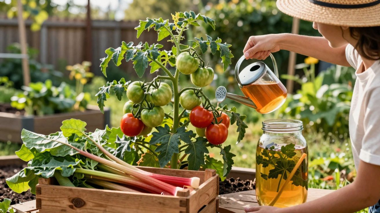 Pessoa regando planta de tomateiro com regador enquanto colhe legumes em jardim caseiro.