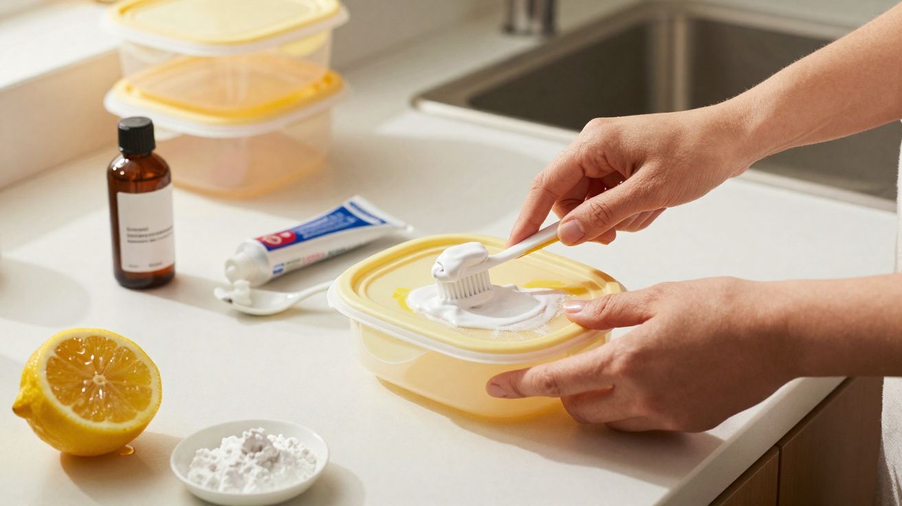 Mãos aplicando pasta branca em escova sobre pote, com limão, bicarbonato e produtos na bancada da cozinha.