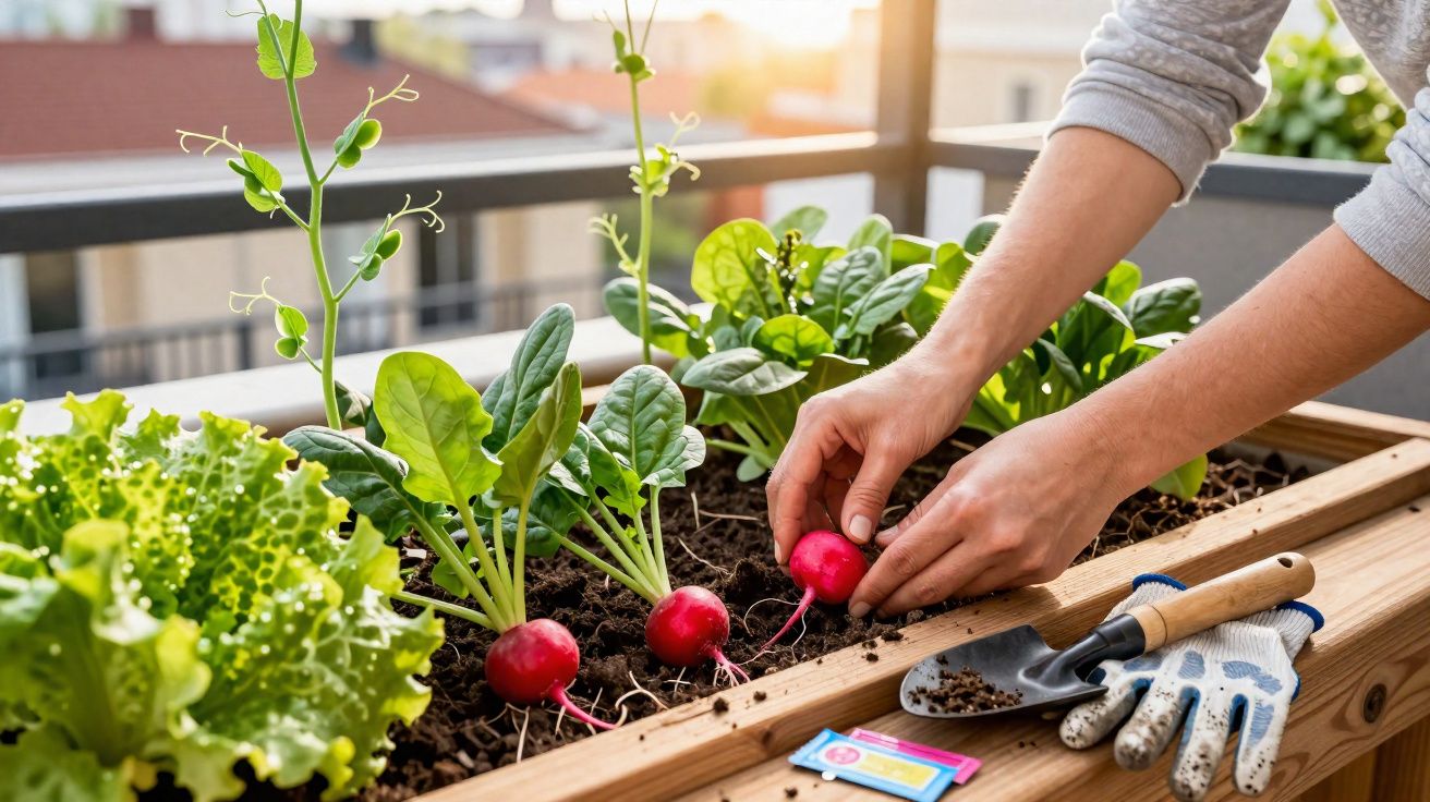 Pessoa colhendo rabanetes em horta de varanda com ferramentas e luvas ao lado sob luz natural.
