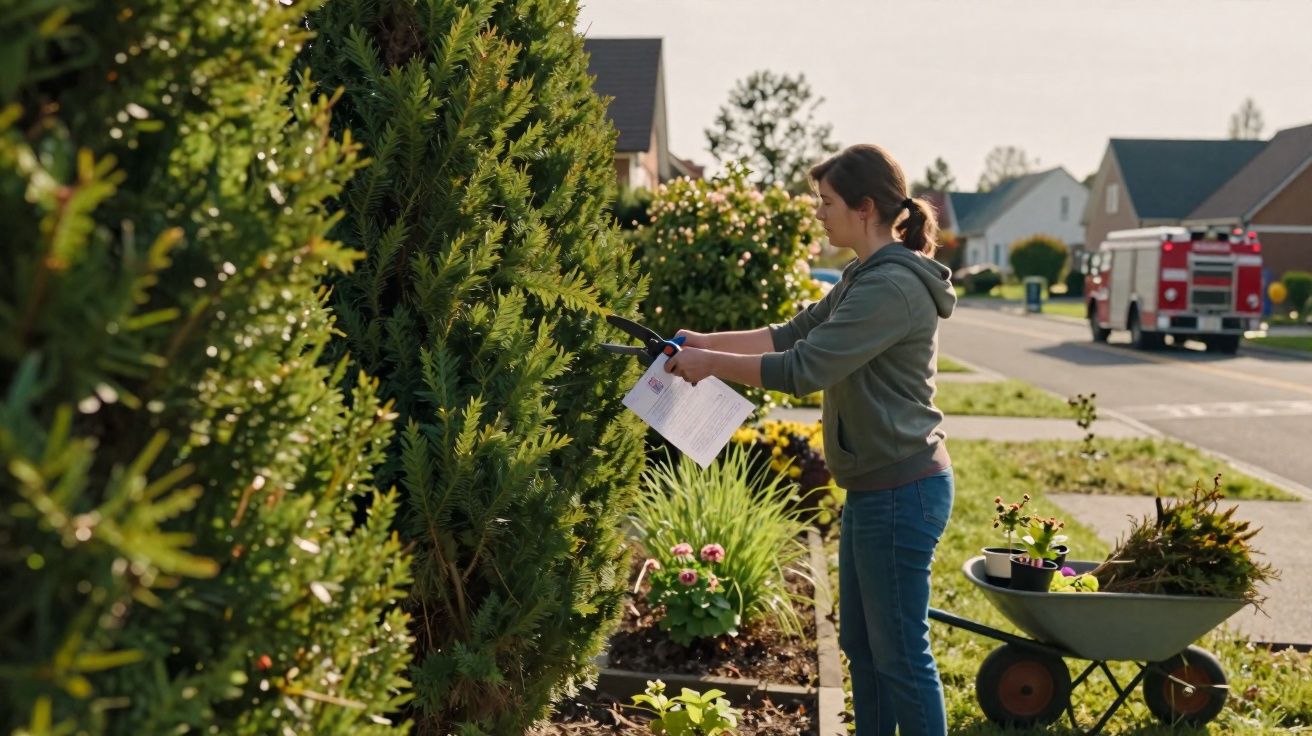 Mulher podando arbusto em jardim residencial com carrinho de jardim e caminhão de bombeiros ao fundo.