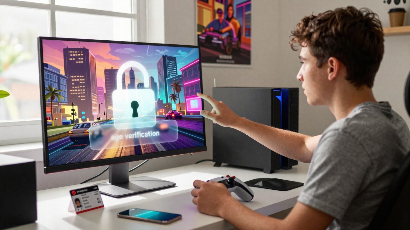 Jovem sentado em mesa interagindo com videogame que pede verificação de idade na tela do computador.