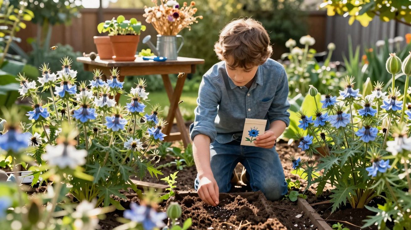 Menino plantando sementes em jardim com flores azuis ao redor em dia ensolarado.