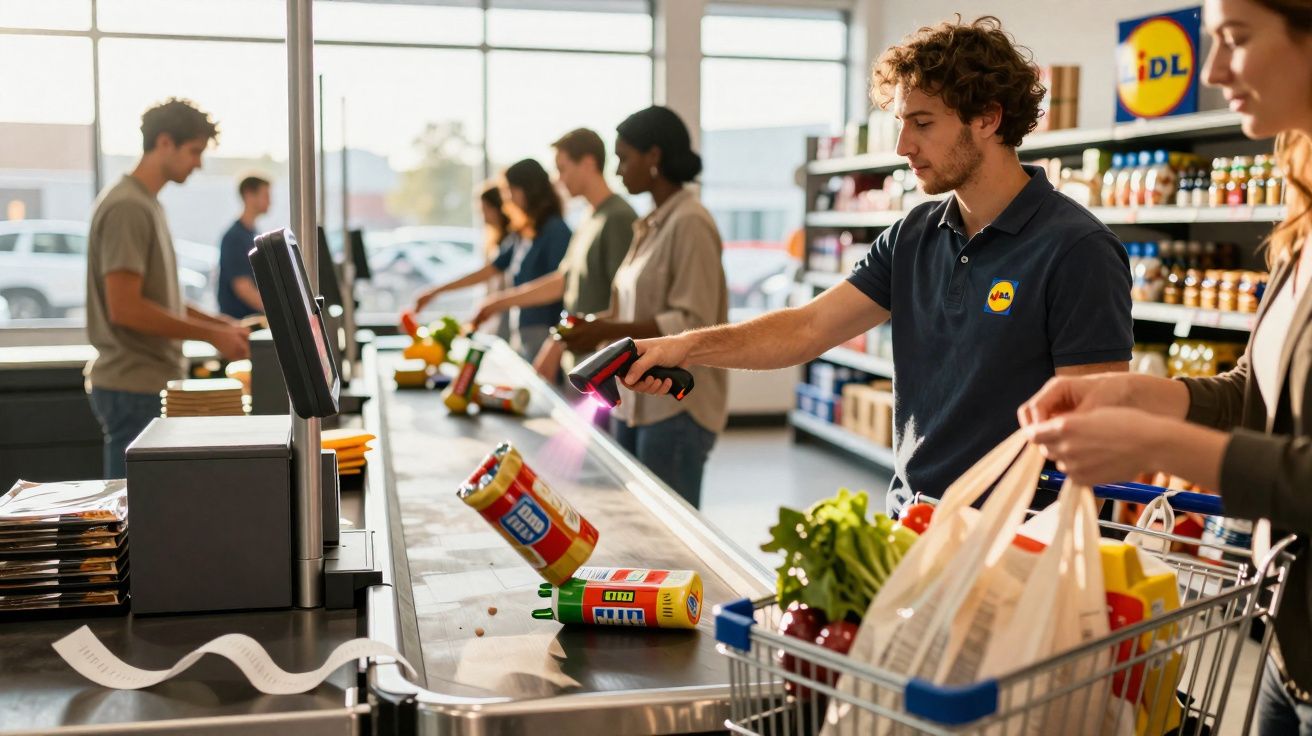 Funcionário do supermercado escaneia produtos enquanto clientes fazem compras no caixa.