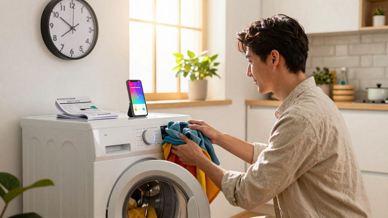 Homem colocando roupas coloridas na máquina de lavar branca em cozinha iluminada.