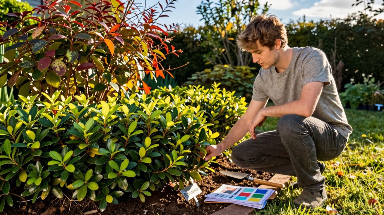 Jovem cuidando de plantas em jardim ensolarado, com catálogo de cores e ferramentas ao lado.