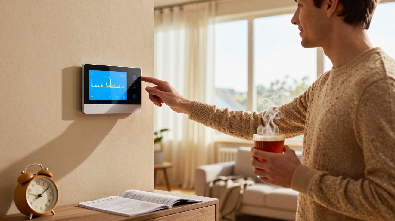 Homem ajusta termostato digital na parede enquanto segura xícara quente em sala iluminada.