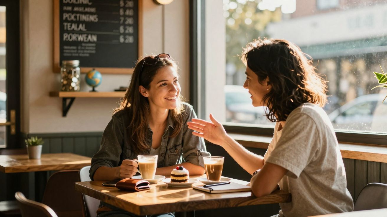 Duas mulheres conversando e tomando café em uma cafeteria iluminada pelo sol da tarde.
