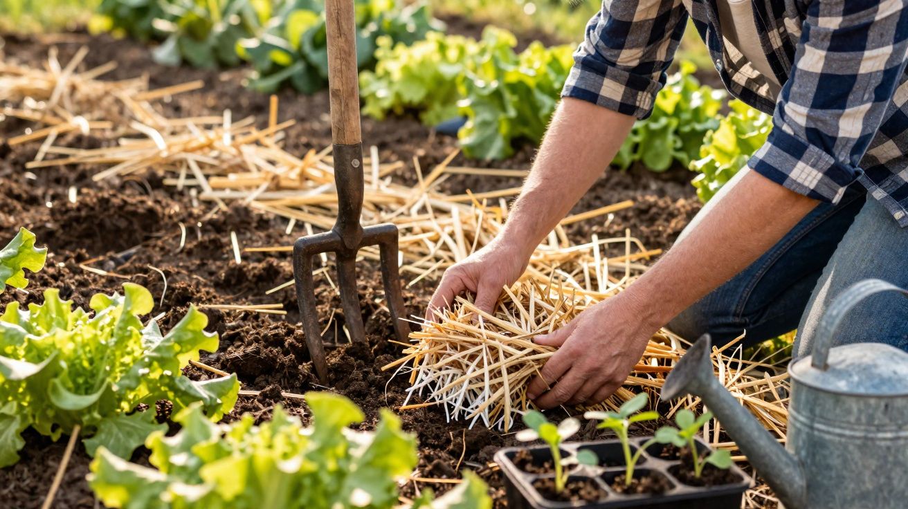 Pessoa aplicando cobertura vegetal com palha em canteiro de horta orgânica com alfaces e regador ao lado.