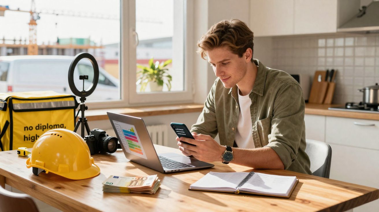Homem jovem trabalhando em laptop e celular, com capacete amarelo e dinheiro em mesa de madeira.