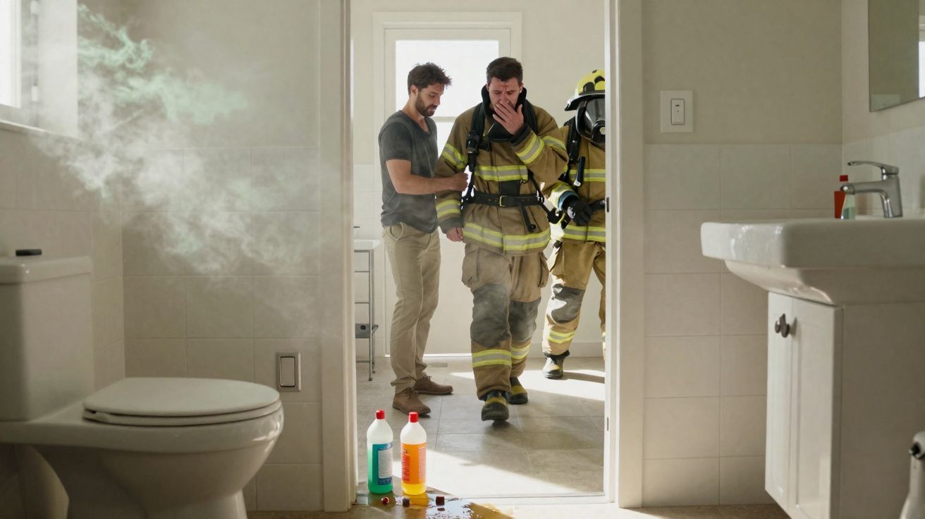 Banheiro com fumaça, duas garrafas no chão, homem ajudando bombeiro abaixar máscara de proteção.