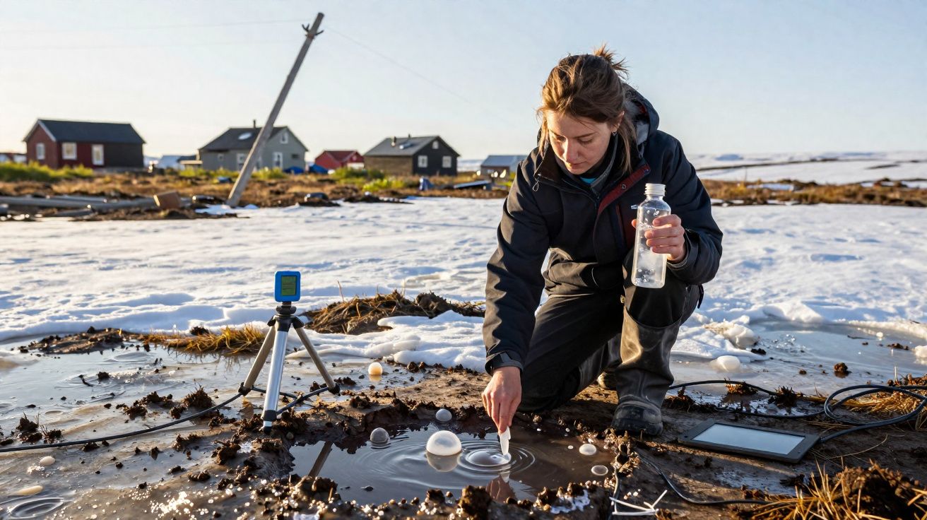 Mulher coleta amostra de água em ambiente gelado próximo a casas e equipamentos de pesquisa científica.