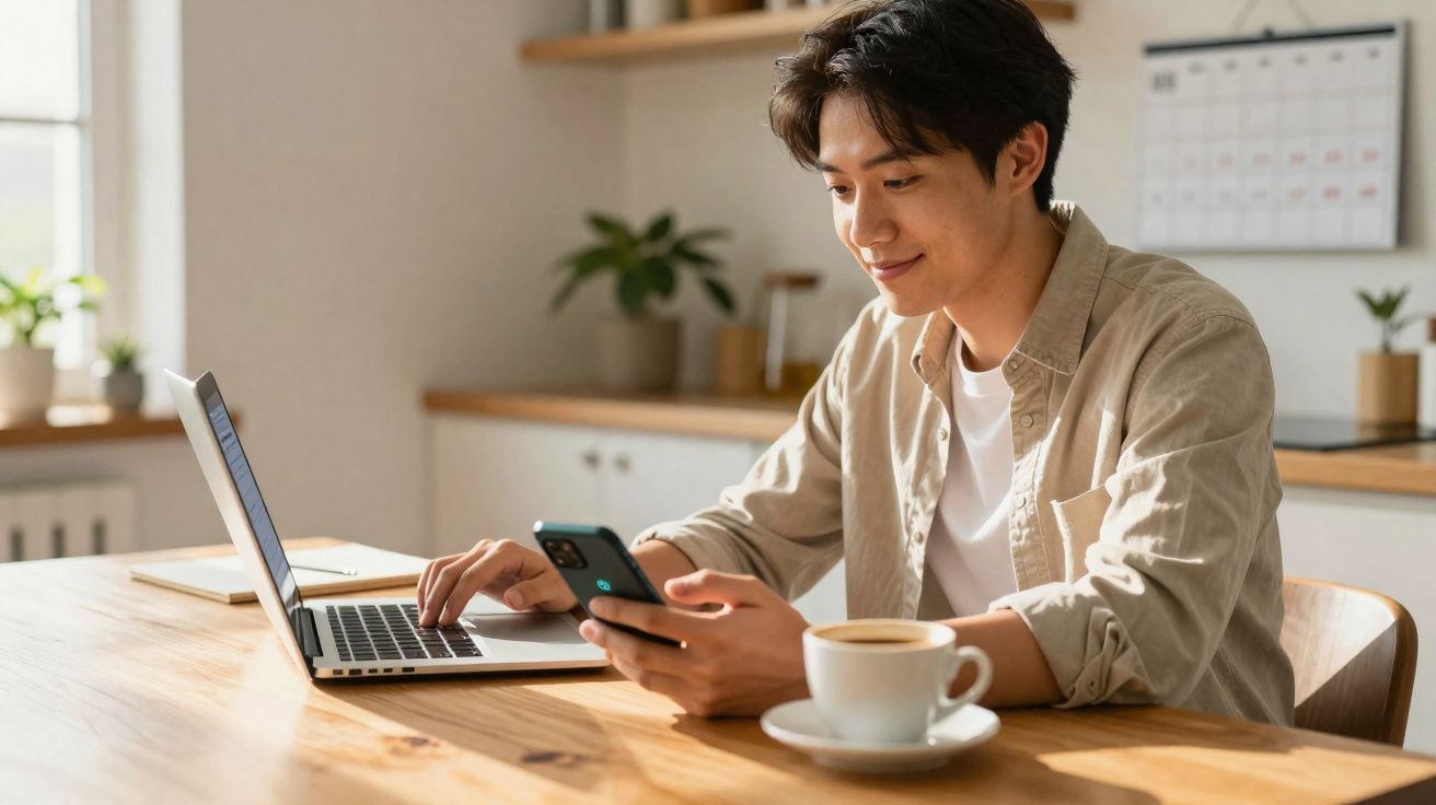 Homem jovem usando smartphone e laptop sentado à mesa com xícara de café em ambiente claro e aconchegante.