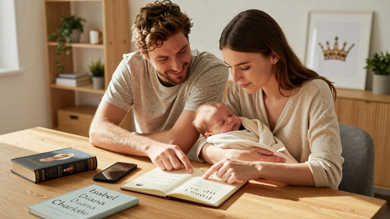 Casal lendo livro para bebê recém-nascido em ambiente acolhedor e iluminado.