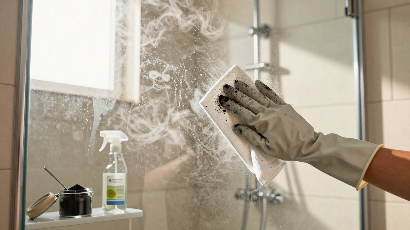 Mão com luva limpando espelho embaçado com pano branco e resíduos pretos, spray e pote na bancada.