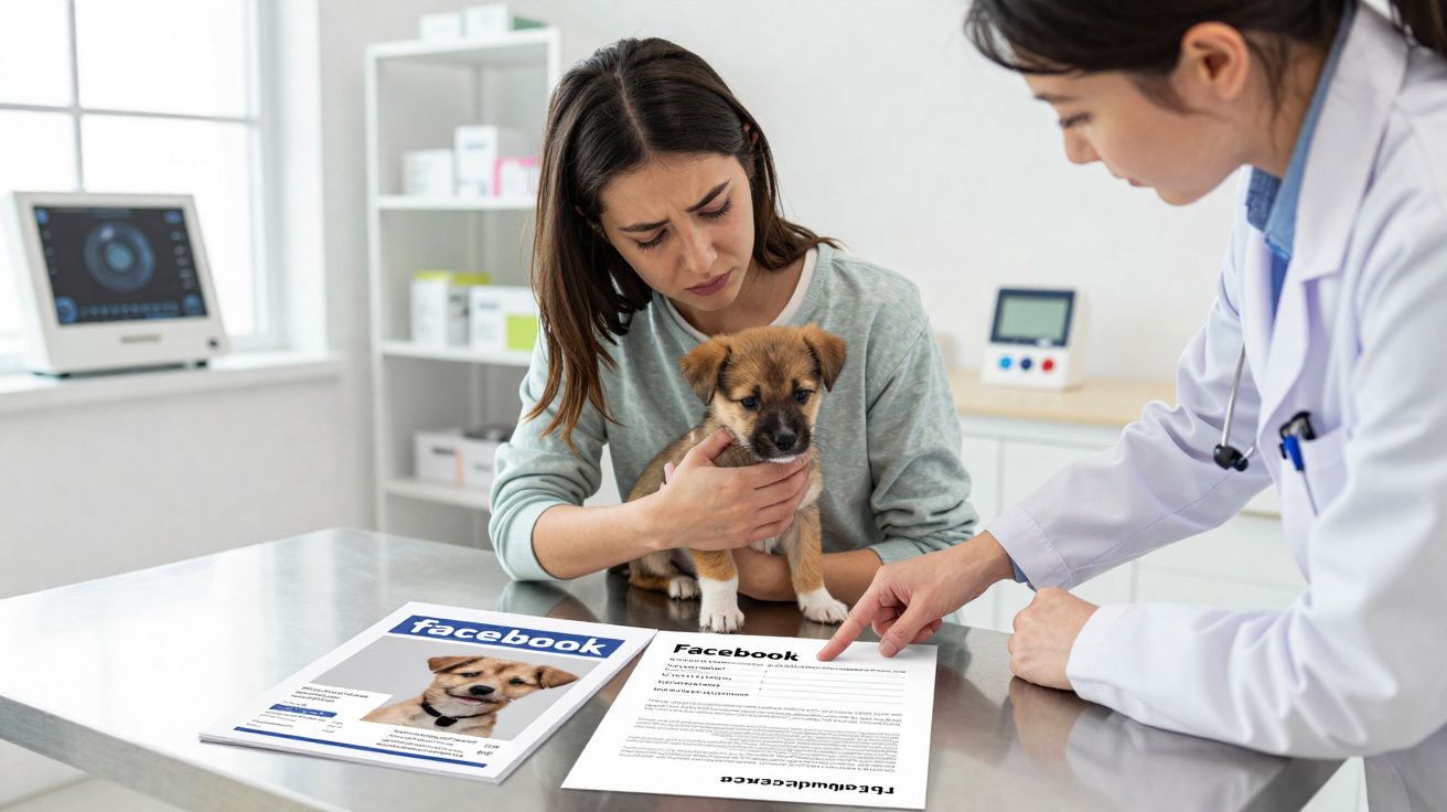 Mulher com filhote no colo consulta veterinária enquanto médica aponta documento na mesa.