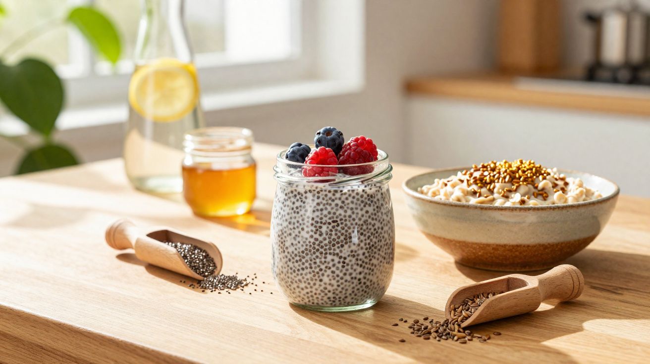 Pudim de chia com frutas vermelhas em pote de vidro, ao lado de tigela e ingredientes sobre bancada de madeira.