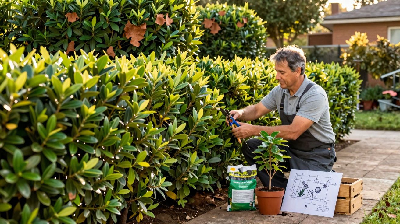 Homem podando arbustos em jardim com ferramentas e plantas ao redor em dia ensolarado.