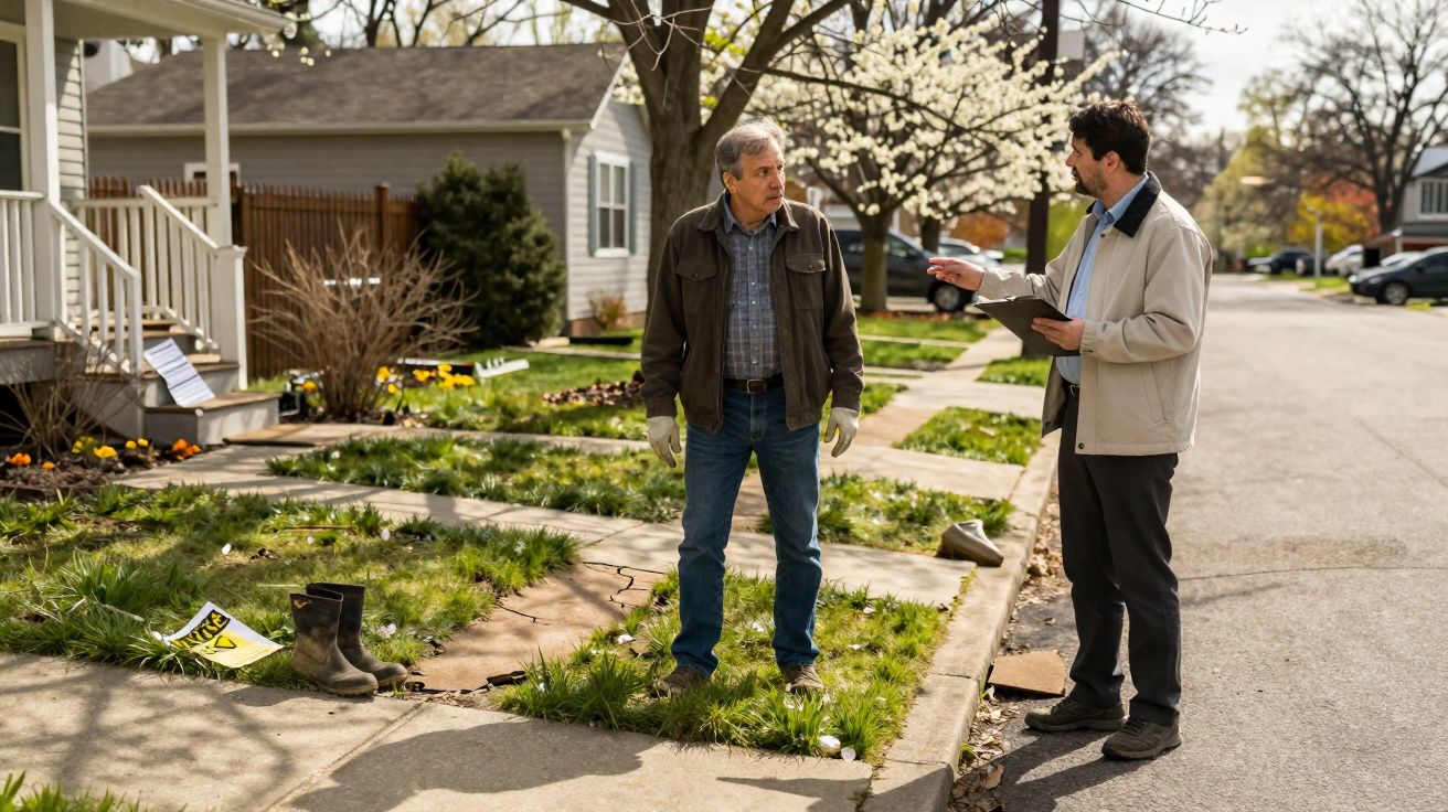 Dois homens conversando na calçada de bairro residencial com árvores floridas e casas ao fundo.