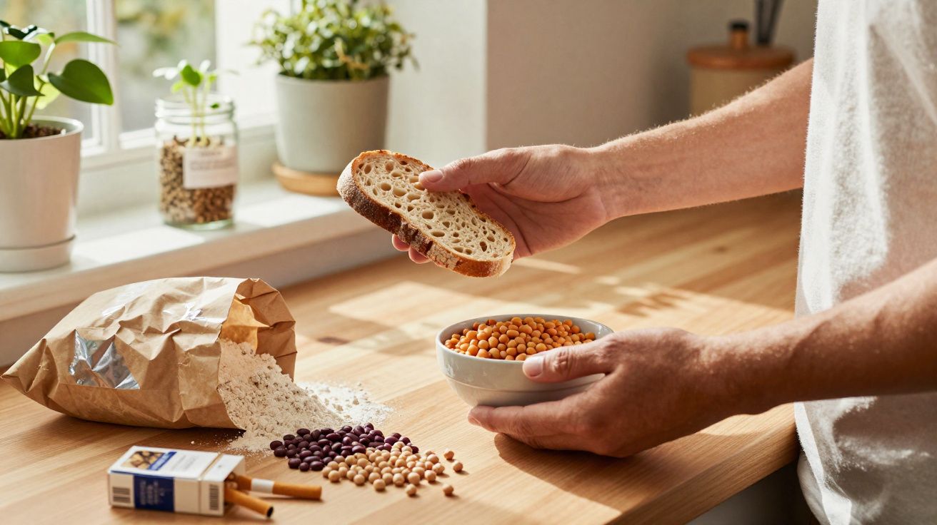 Pessoa alimentando pássaro com pão e semente em tigela sobre bancada de madeira iluminada.