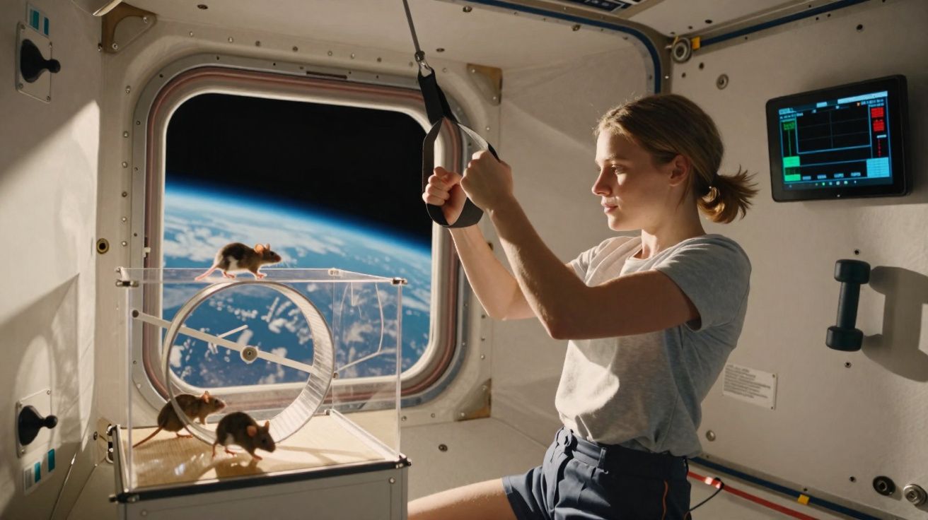 Mulher em estação espacial com três ratos em gaiola e janela mostrando a Terra ao fundo.