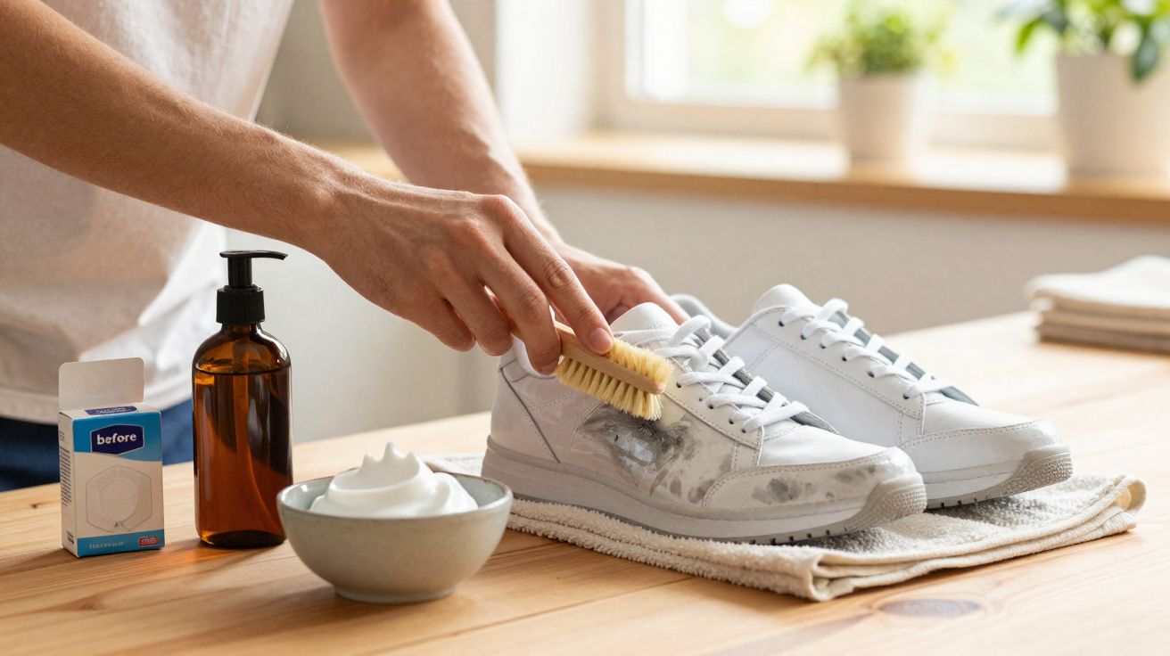 Pessoa limpando tênis branco com escova e produtos de limpeza sobre mesa de madeira.